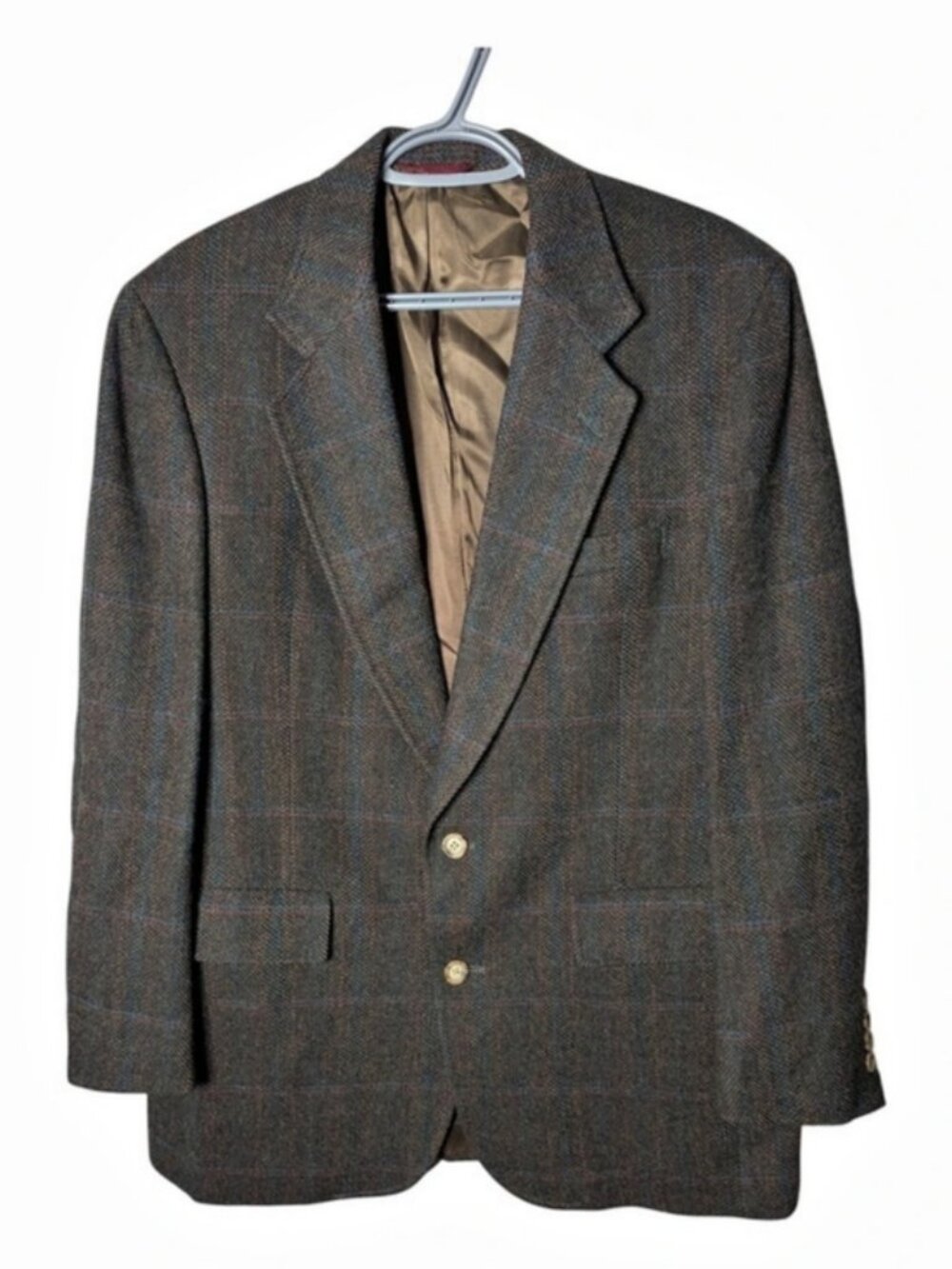Hart Schaffner Marx Brown Vintage Wool Windowpane Plaid Sport Coat Blazer 42L